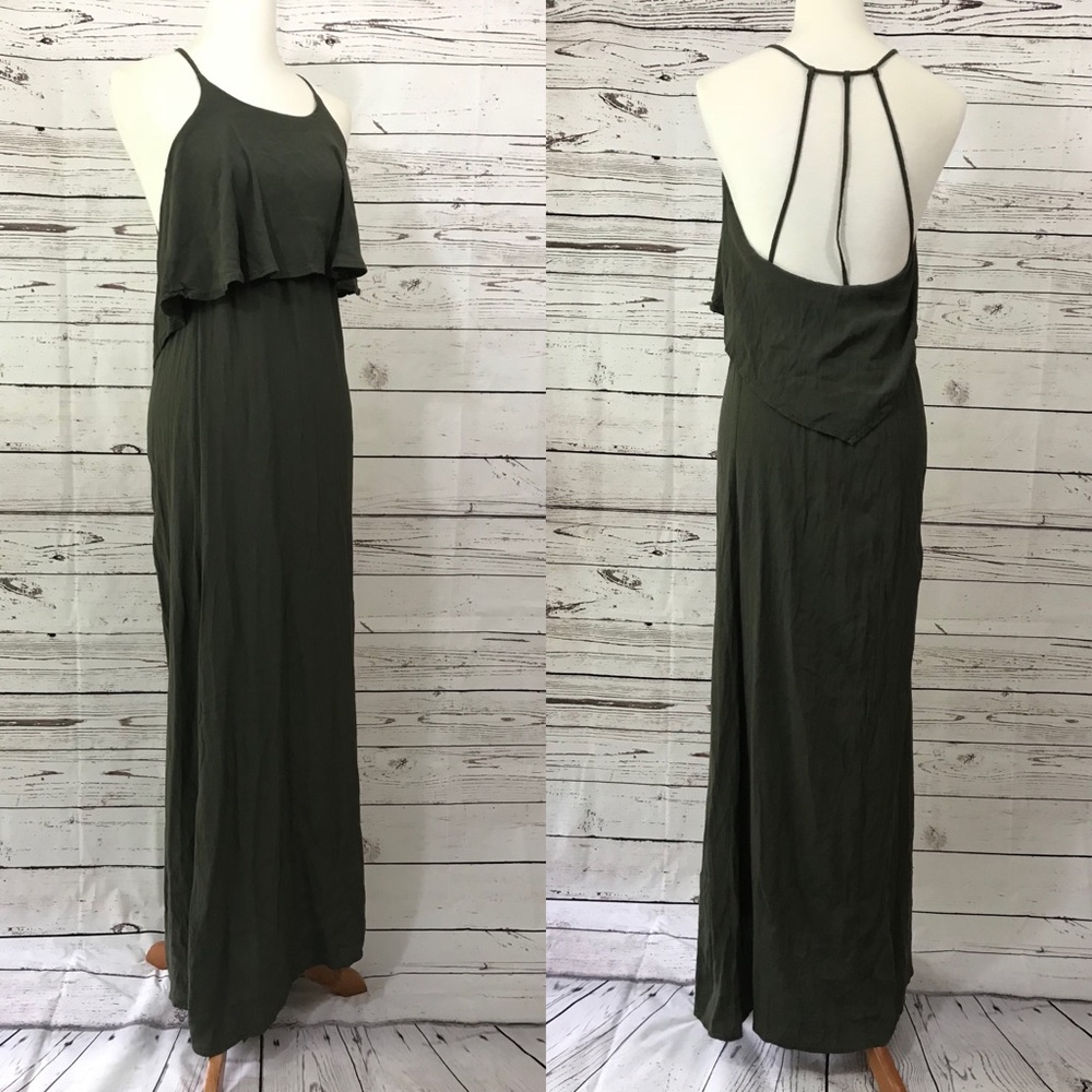 Army Green Drape Front Multi Strap Maxi Dress